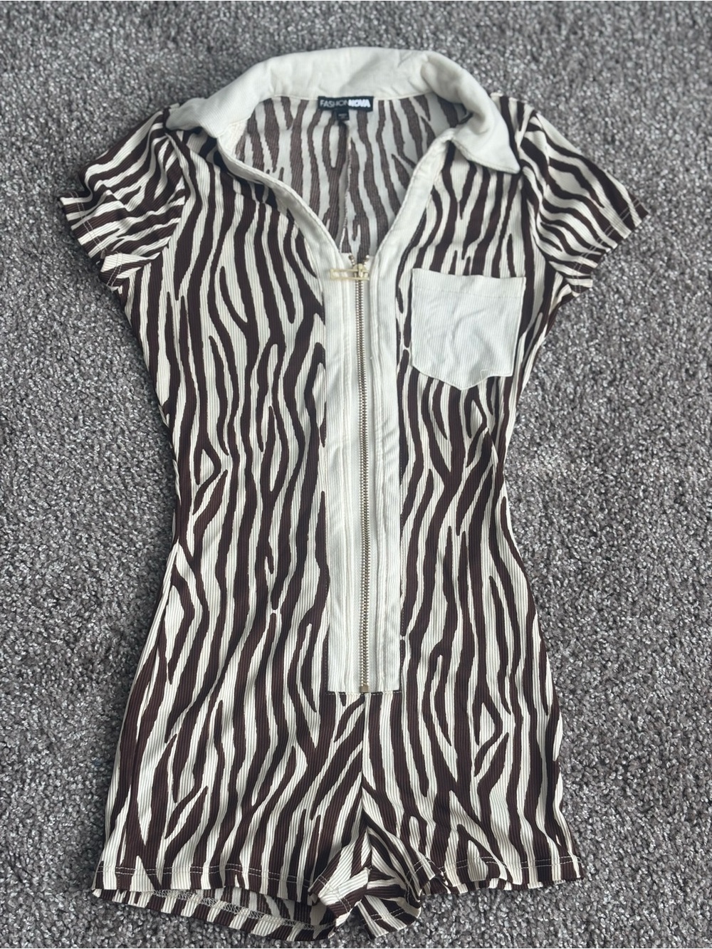 Fashion Nova Brown & Cream Zebra-Print Zip Front Romper